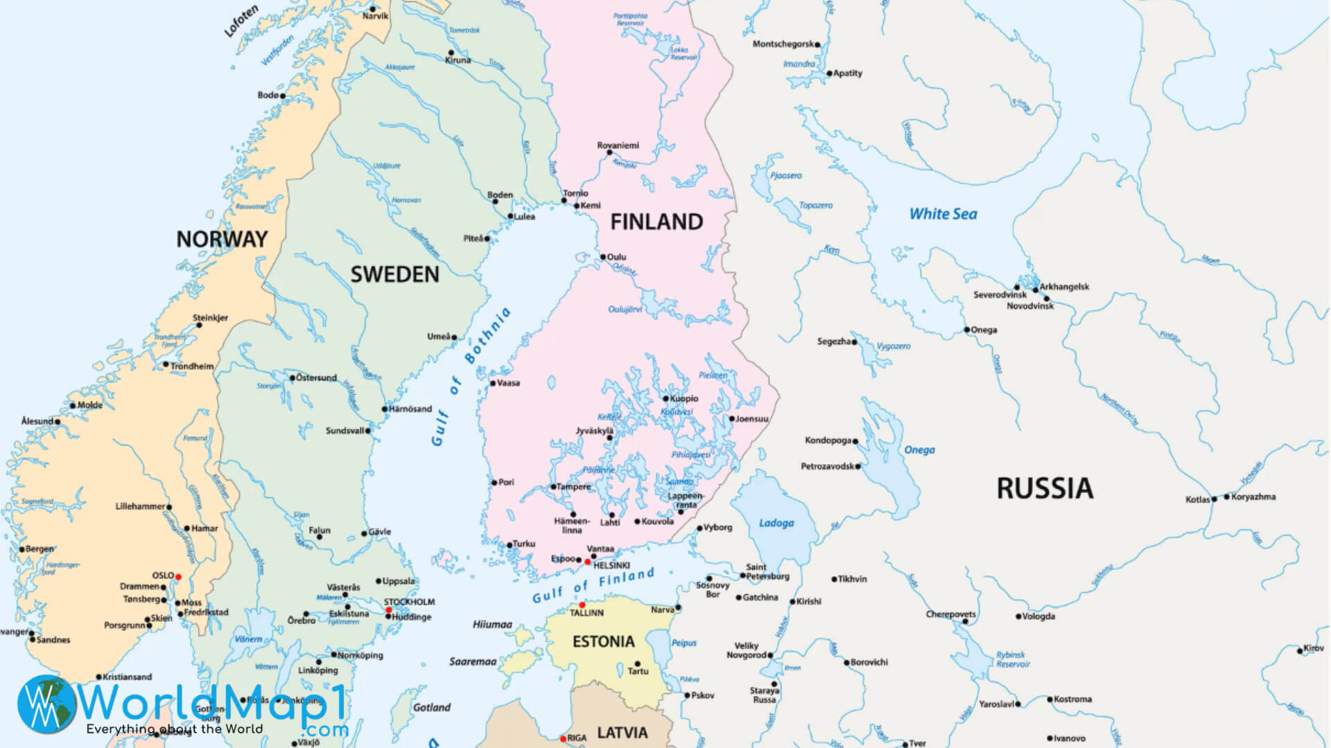 Carte des pays scandinaves avec la Lettonie et la Russie